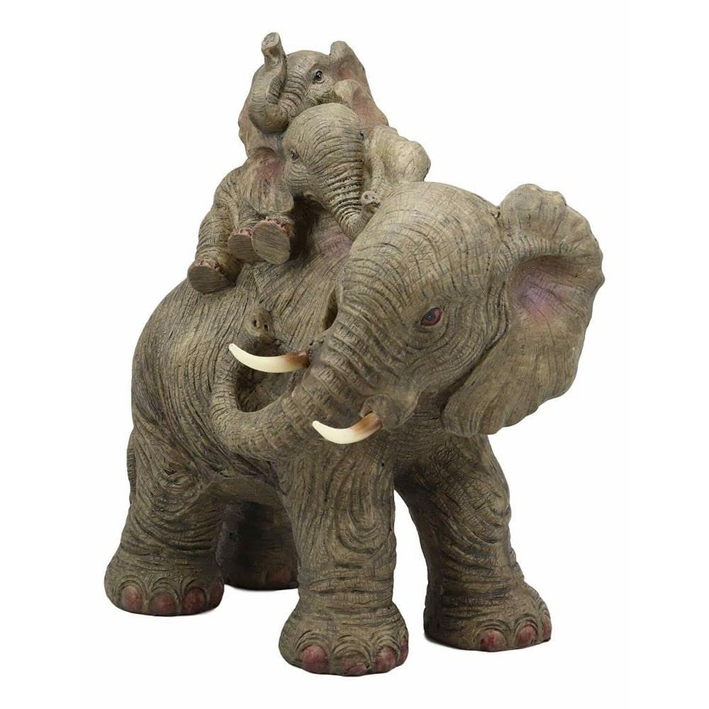 1 Pcs Wildlife Elephant Father And 2 Calves On Piggyback Playing Statue 10.5" H