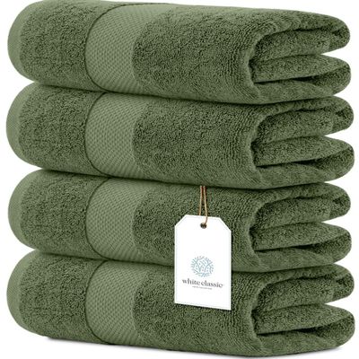 White Classic Luxury 4-Piece Large Bathroom Towel Set - 700 GSM Cotton Ultra Soft Towels 27x54 | High Absorbency & Quick Dry | Hotel Plush Dark Green Towels