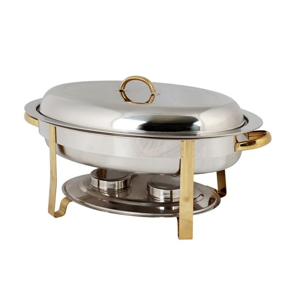 TrueCraftware- 6 Qt. Stainless Steel Half Size Oval Chafing Dish Gold Accented Complete Set- Food Warmer Chafers and Buffet Warmer Sets for Catering Event Party Holiday Buffet Weddings Catering