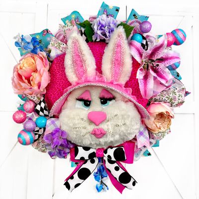Fancy Handmade Fur Bunny with Fabric Bonnet & matching Bow, Easter Wreath for Front Door, Easter Bunny Door Decorations