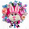 Fancy Handmade Fur Bunny with Fabric Bonnet & matching Bow, Easter Wreath for Front Door, Easter Bunny Door Decorations view 1