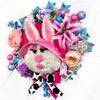 Fancy Handmade Fur Bunny with Fabric Bonnet & matching Bow, Easter Wreath for Front Door, Easter Bunny Door Decorations view 3