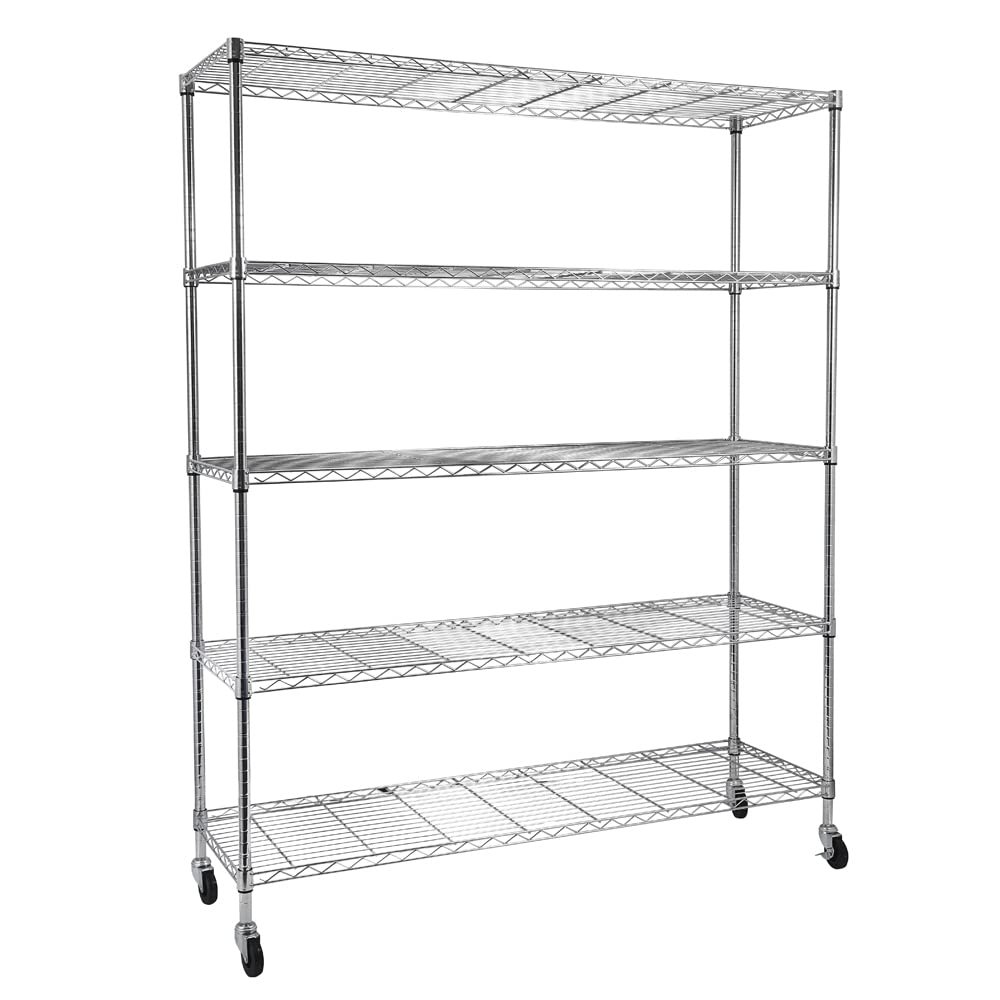 5-Tier Heavy Duty Shelving Unit - Wire Shelving with Wheels - Metal Organizer Wire Rack - Bakers Rack - Garage Storage Shelves Organization - Standing Shelves Pantry Kitchen - Chrome