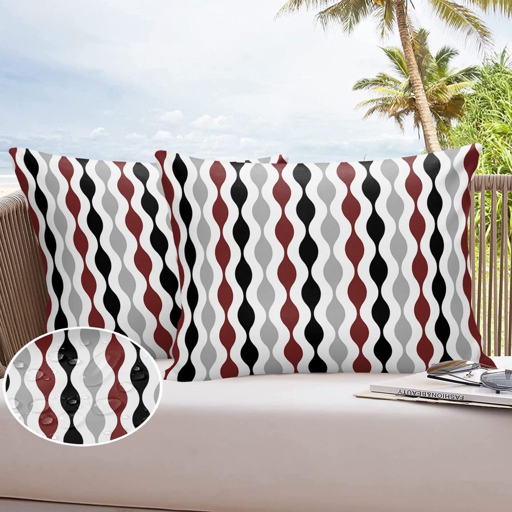 LOVE HOME DAY Mid Century Raindrop Striped Outdoor Pillow Covers Set of 2,Decorative Waterproof Throw Pillow Case, Burgundy Red Grey Black Cotton Linen Soft Cozy Cushion Pillowcases