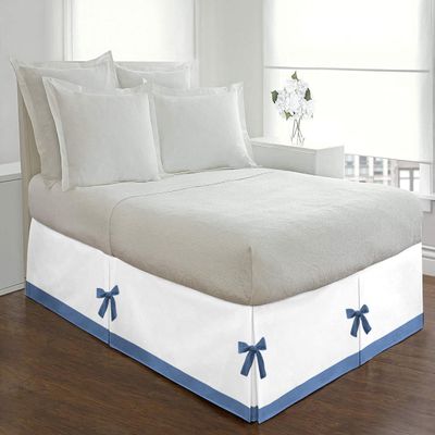 Silver Cotton Luxury 1 Piece Two Tone Split Corner Tie Bed Skirt, 15 Inch Drop Length 100% Egyptian Cotton, Twin XL Size Solid White/Medium Blue