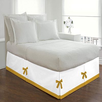 Silver Cotton Luxury 1 Piece Two Tone Split Corner Tie Bed Skirt, 15 Inch Drop Length 100% Egyptian Cotton, Twin XL Size Solid White/Gold