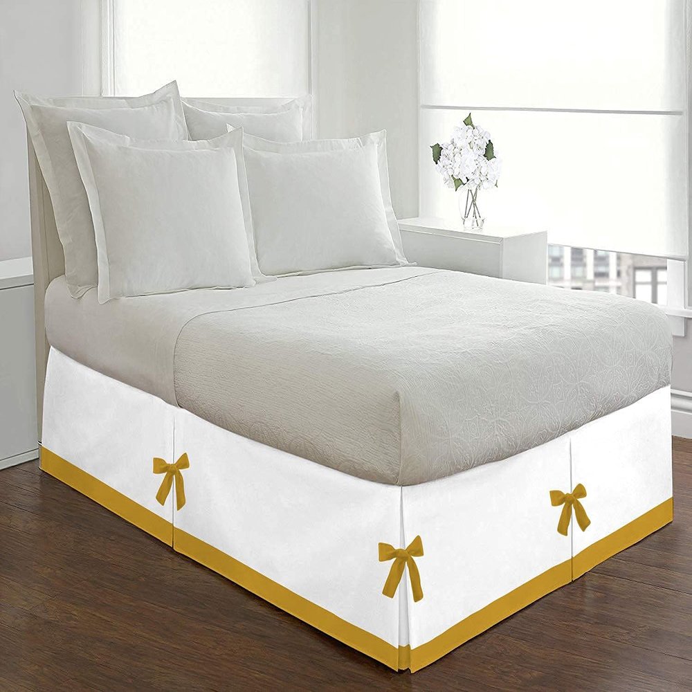 Silver Cotton Luxury 1 Piece Two Tone Split Corner Tie Bed Skirt, 15 Inch Drop Length 100% Egyptian Cotton, Twin XL Size Solid White/Gold