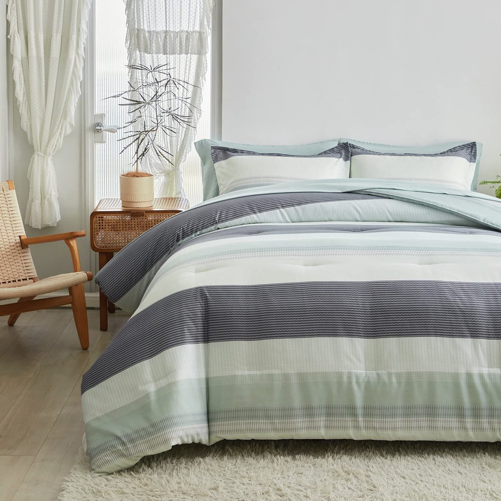 Flysheep 3 Pcs Boho Comforter Set King Size, Sage Green White and Grey Striped Printed Soft Microfiber Reversible Bedding Set for All Season