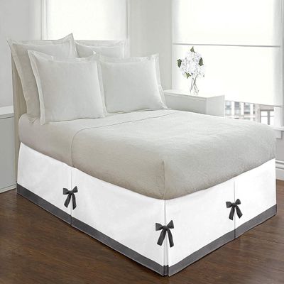 Silver Cotton Luxury 1 Piece Two Tone Split Corner Tie Bed Skirt, 15 Inch Drop Length 100% Egyptian Cotton, Twin XL Size Solid White/Dark Grey