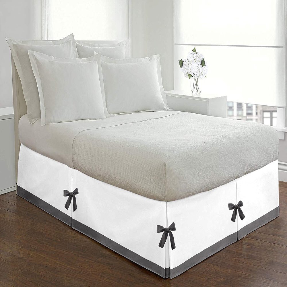 Silver Cotton Luxury 1 Piece Two Tone Split Corner Tie Bed Skirt, 15 Inch Drop Length 100% Egyptian Cotton, Twin XL Size Solid White/Dark Grey