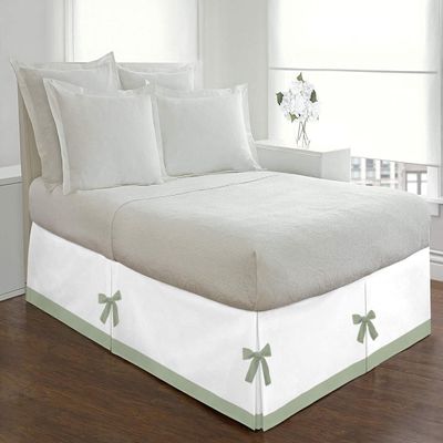 Silver Cotton Luxury 1 Piece Two Tone Split Corner Tie Bed Skirt, 15 Inch Drop Length 100% Egyptian Cotton, Queen Size Solid White/Light Sage