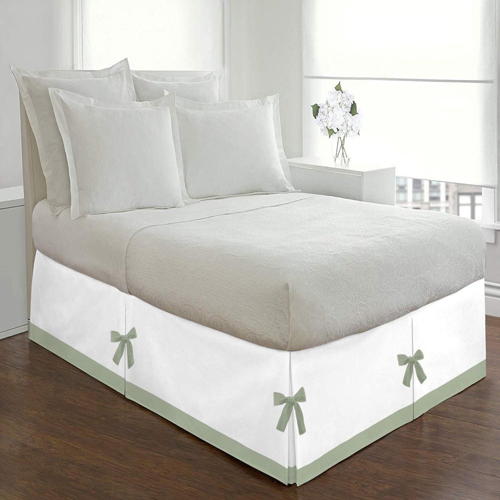 Silver Cotton Luxury 1 Piece Two Tone Split Corner Tie Bed Skirt, 15 Inch Drop Length 100% Egyptian Cotton, Queen Size Solid White/Light Sage