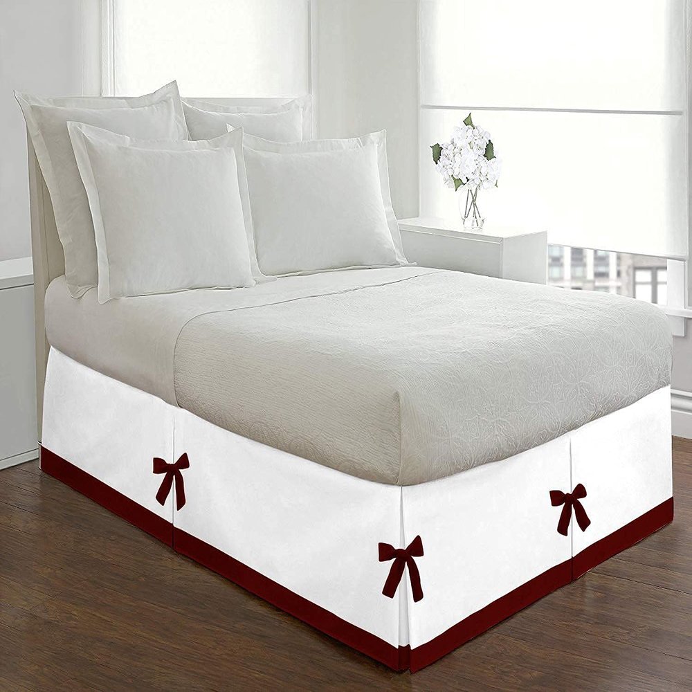Silver Cotton Luxury 1 Piece Two Tone Split Corner Tie Bed Skirt, 15 Inch Drop Length 100% Egyptian Cotton, Olympic Queen Size Solid White/Burgundy