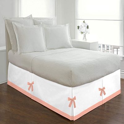 Silver Cotton Luxury 1 Piece Two Tone Split Corner Tie Bed Skirt, 15 Inch Drop Length 100% Egyptian Cotton, Queen Size Solid White/Peach