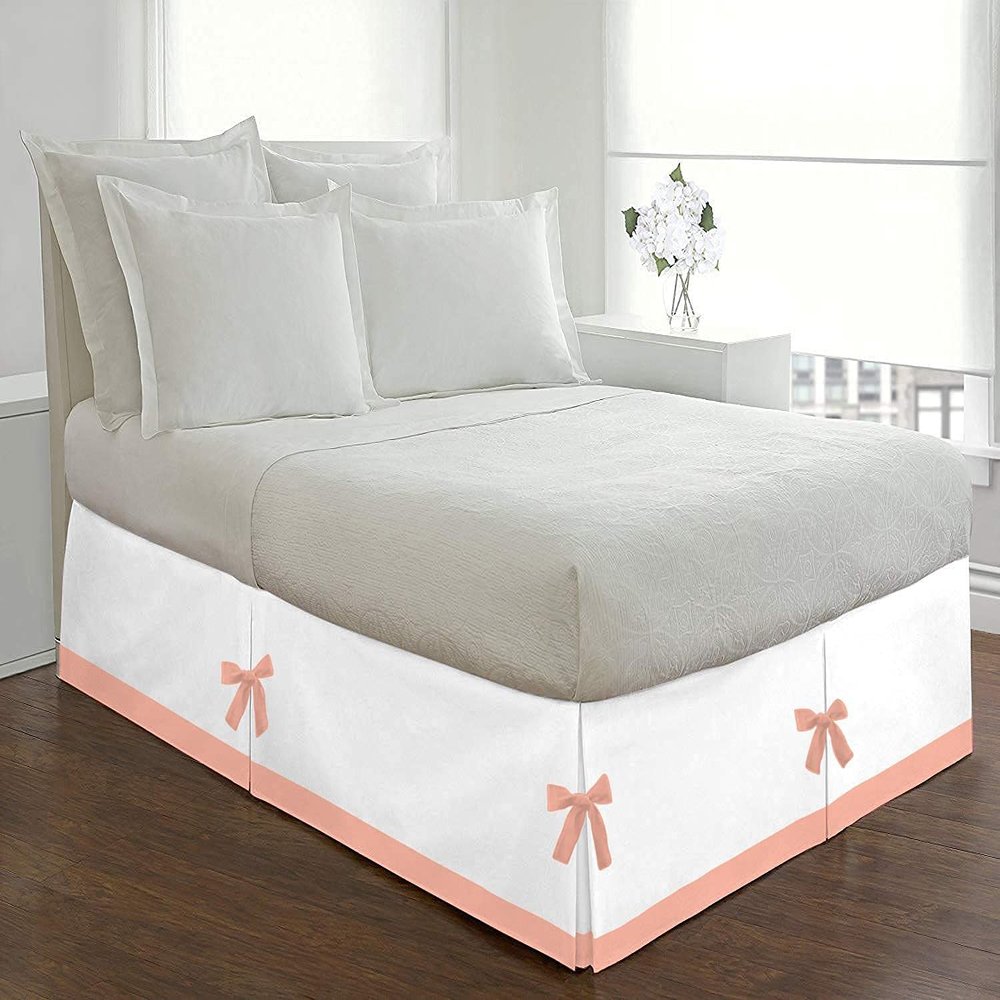 Silver Cotton Luxury 1 Piece Two Tone Split Corner Tie Bed Skirt, 15 Inch Drop Length 100% Egyptian Cotton, Queen Size Solid White/Peach