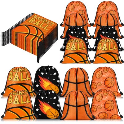 Shappy 24 Pcs Basketball Drawstring Bags Sports Gym Drawstring Goodie Favor Bags Orange Black Gift Backpack Party Favor for Sports Teams Storage Decorations