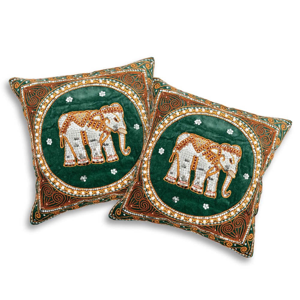 AeraVida Elegant Thai Elephant Velvet and Pearls Set of 2 Square Pillow Case - Dk Green | Decorative Throw Pillow Covers | Sofa Pillow Cover Cases | Elephant Square Pillow Covers Set of 2
