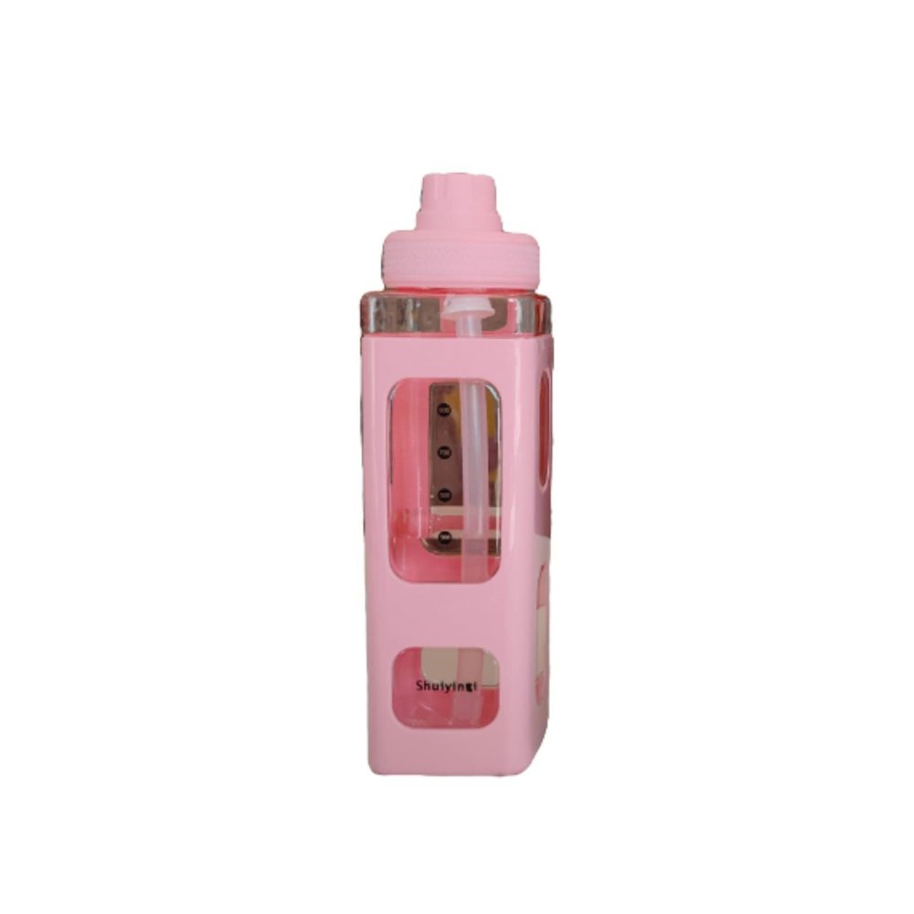 Cyrank Water Bottle with Straw, Cute Water Bottle Kawaii Square Drinking Portable Sport Plastic Cups 700ml(Pink)