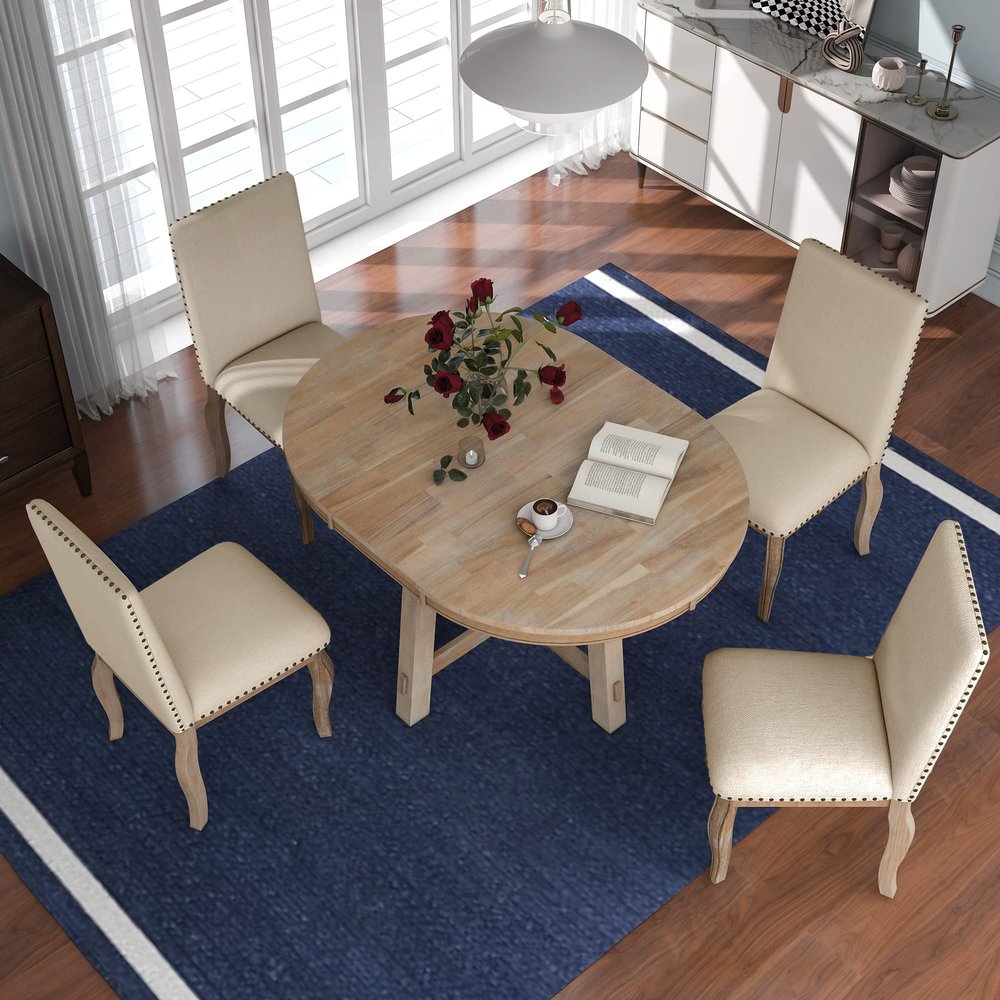 P PURLOVE 5pc Dining Table Set, Farmhouse Dining Table Set Wood Round Extendable Dining Table and 4 Upholstered Dining Chairs (Natural Wood Wash)