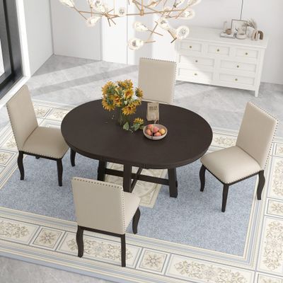 P PURLOVE 5pc Dining Table Set, Farmhouse Dining Table Set Wood Round Extendable Dining Table and 4 Upholstered Dining Chairs (Espresso)