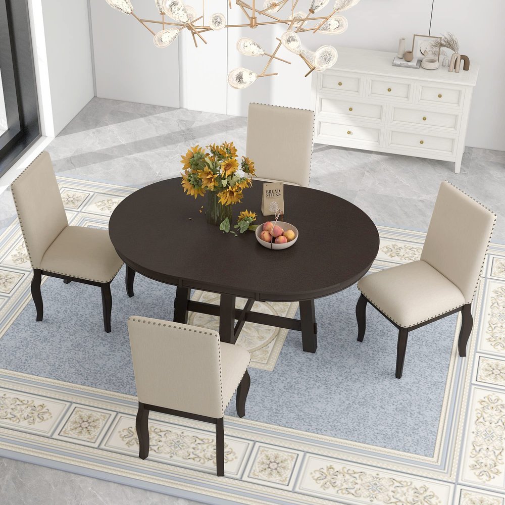 P PURLOVE 5pc Dining Table Set, Farmhouse Dining Table Set Wood Round Extendable Dining Table and 4 Upholstered Dining Chairs (Espresso)