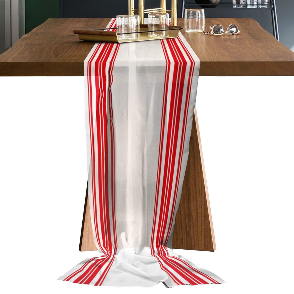 4.6Ft Chiffon Table Runner Wedding Tablerunner,Stripes Red White Sheer Tulle Gauze Table Cloth for Kitchen Dinner Dining Party,Classic Casual Bohemian Geometric Art Decor Bedroom Scarfs Decor