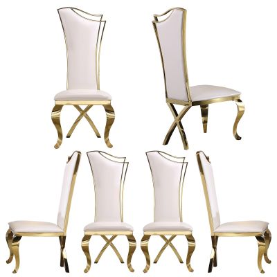 ACEDCOR Dining Chair, White Leather Upholstered Dining Chairs Set of 6, Modern Gorgeous Streamlined High Back Chair with Gold Mirror Curved and X-Shaped Metal Legs