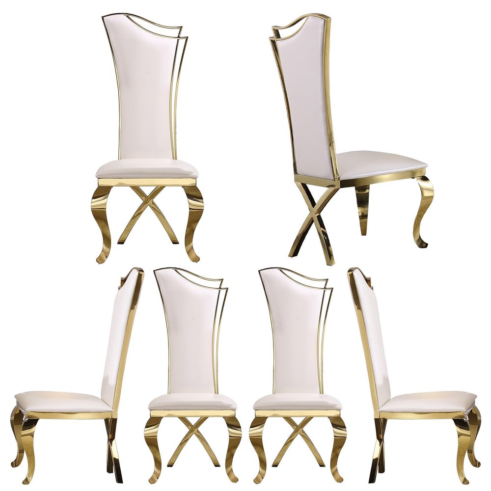 ACEDCOR Dining Chair, White Leather Upholstered Dining Chairs Set of 6, Modern Gorgeous Streamlined High Back Chair with Gold Mirror Curved and X-Shaped Metal Legs