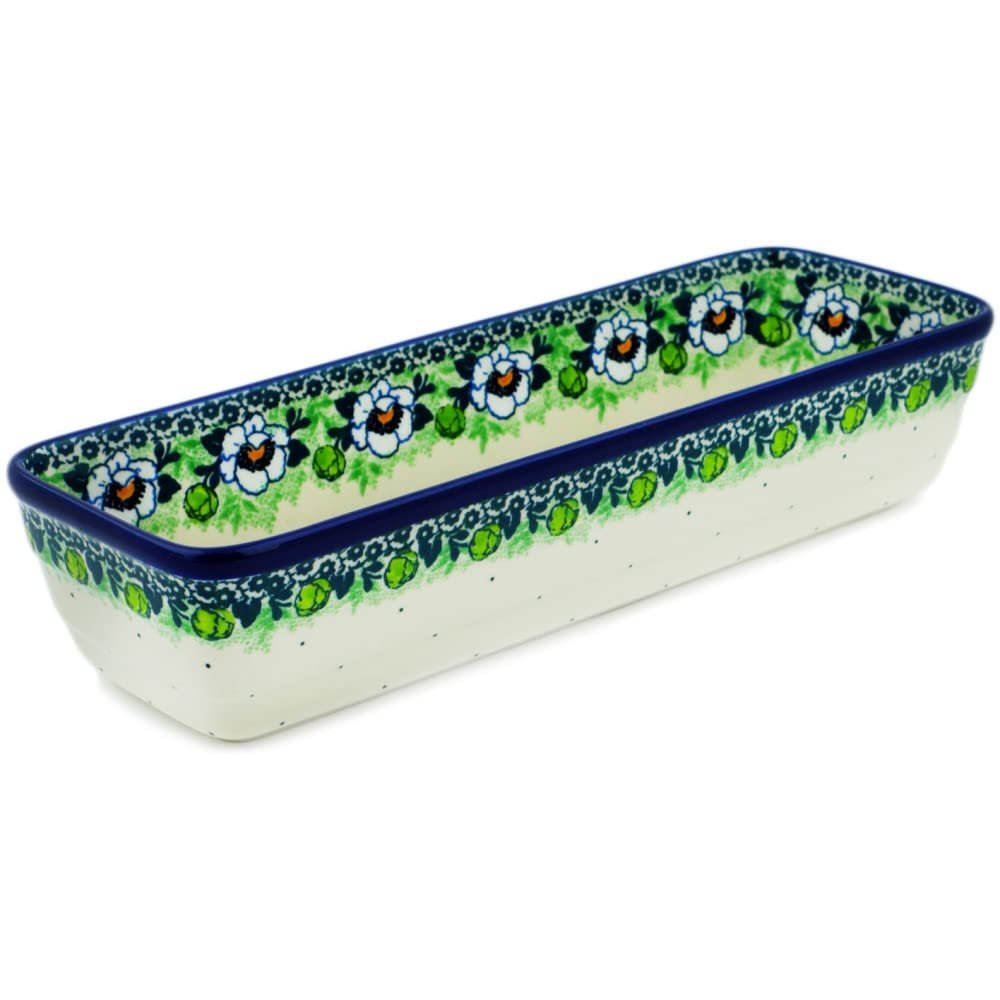 Polmedia Polish Pottery Rectangular Baker - Green Flora Pattern Handmade in Boleslawiec Poland by Ceramika Artystyczna + Certificate of Authenticity
