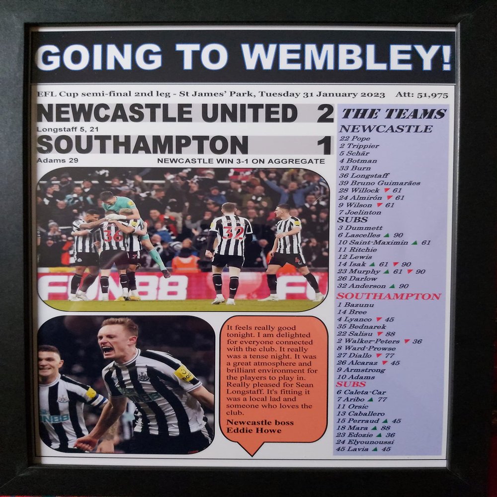 Newcastle United 2 Southampton 1 - 2023 EFL Cup semi-final 2nd leg - framed print