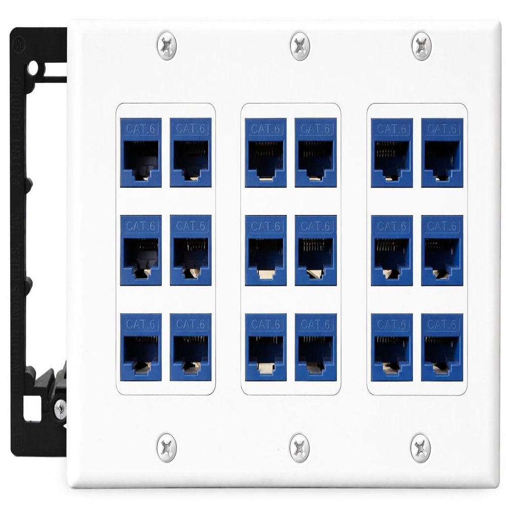 DIYTECH 18 Port Ethernet Wall Plate, Cat 6, Wall Outlet, RJ45 Female to Female Keystone Jacks - White