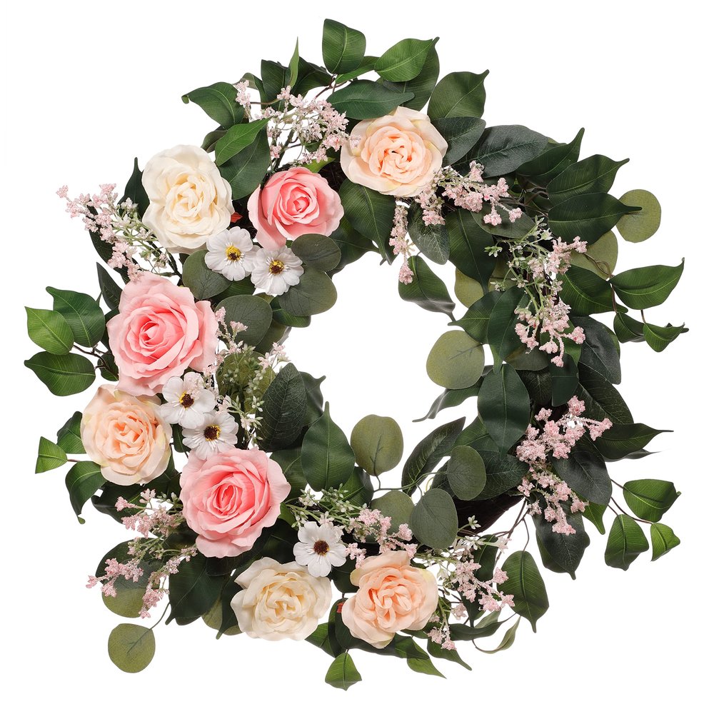 24" Artificial Rose,Camellia,babysbreath Floral Spring Wreath with Green Leaves