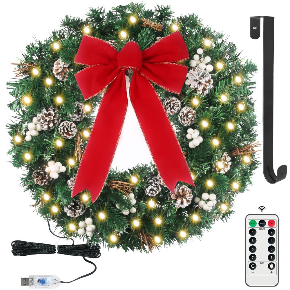 24" Prelit Christmas Door Wreath with 50 Lights & Timer & Remote - USB Powered Lighted Wreath with Snow Pinecone White Berries Bow & Wreath Hanger for Front Door Christmas Decorations
