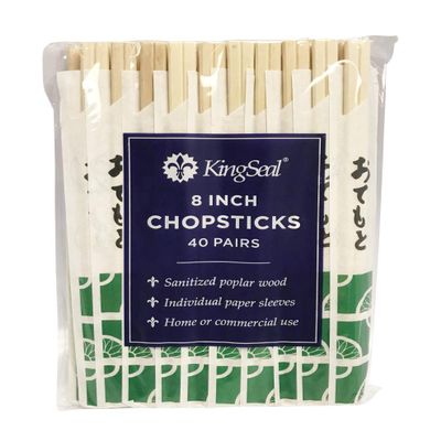 800 Count | KingSeal 8 Inch Natural Poplar Disposable Wood Chopsticks, Paper Sleeve, Waribashi, Bulk Pack - 20 Packs x 40 Pairs