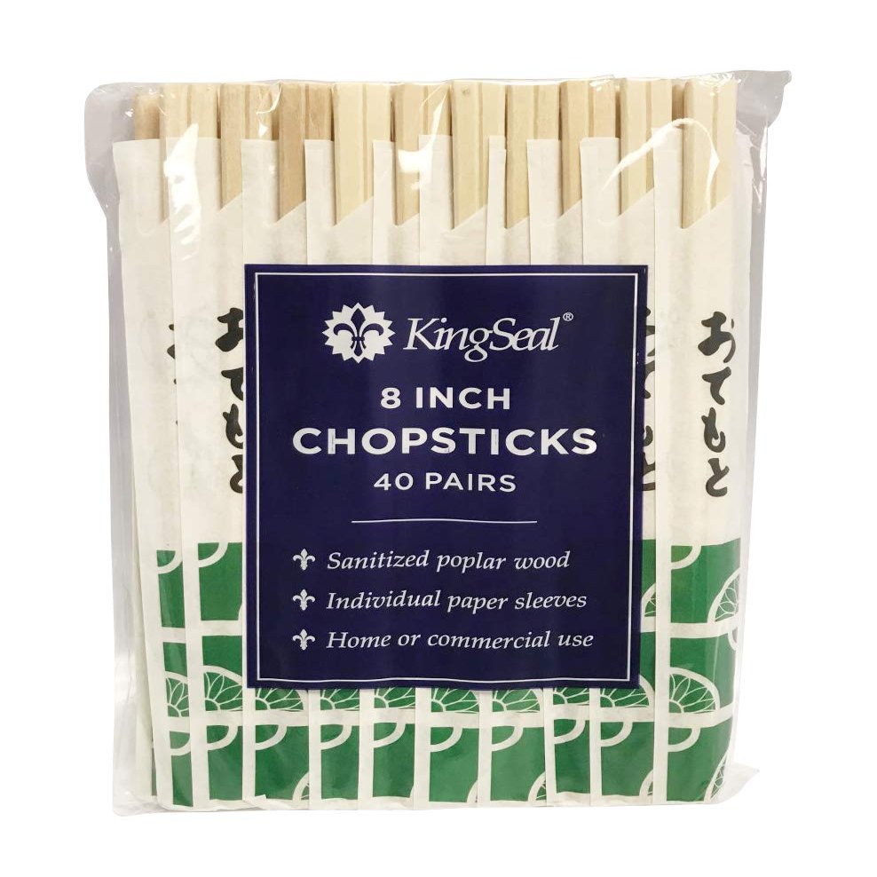 800 Count | KingSeal 8 Inch Natural Poplar Disposable Wood Chopsticks, Paper Sleeve, Waribashi, Bulk Pack - 20 Packs x 40 Pairs