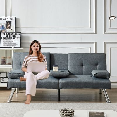 66 Modern Futon Sofa Bed Couch: Linen Fabric,2 Cup Hodlers,Removable Armrests,Convertible Folding Loveseat Sleeper for Living Room Bedroom Small Space Apartment