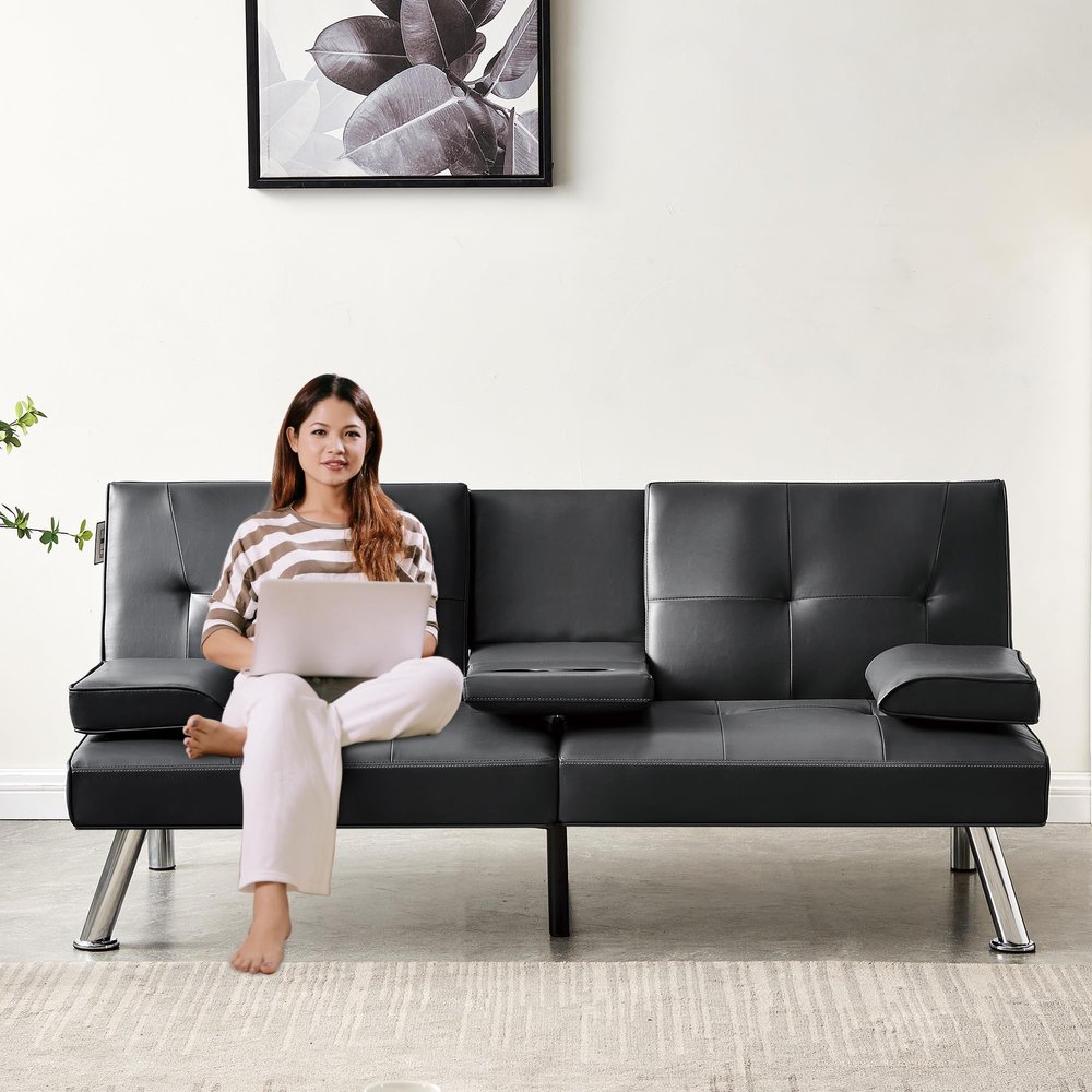 66 Modern Futon Sofa Bed Couch: Linen Fabric,2 Cup Hodlers,Removable Armrests,Convertible Folding Loveseat Sleeper for Living Room Bedroom Small Space Apartment