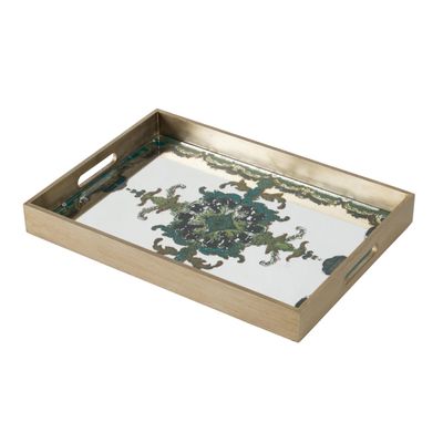 Benjara Miki 18 Inch Decorative Tray, Artistic Mirrored Damask Pattern, Gold Finish
