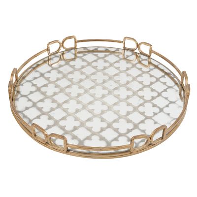 Benjara Sui 18 Inch Round Decorative Tray, Glass Bottom and Gold Geometric Frame