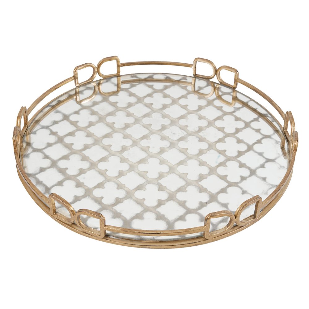 Benjara Sui 18 Inch Round Decorative Tray, Glass Bottom and Gold Geometric Frame