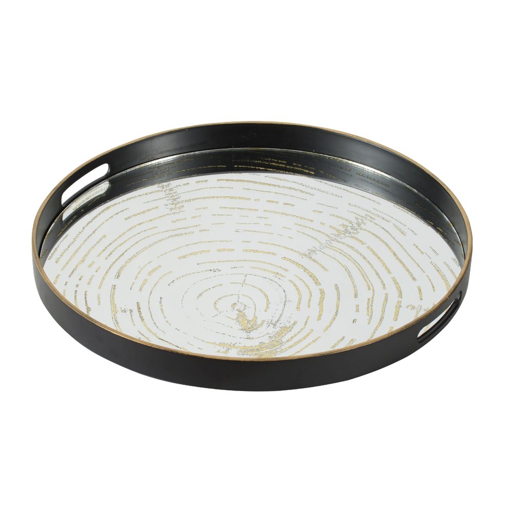 Benjara 18 Inch Decorative Tray, Round Black Wood Frame, Mirrored Bottom