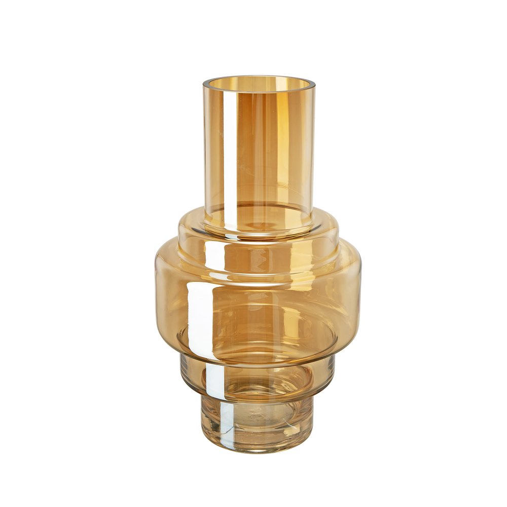 Benjara Alma 14 Inch Modern Vase, Geometric Design, Amber Luster Glass Frame