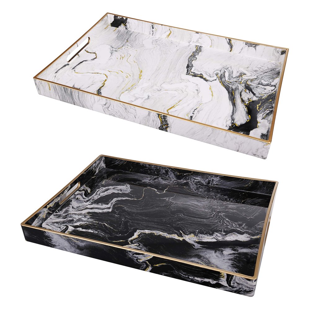 Benjara 19, 18 Inch Set of 2 Modern Decorative Trays with Rims, Black and White