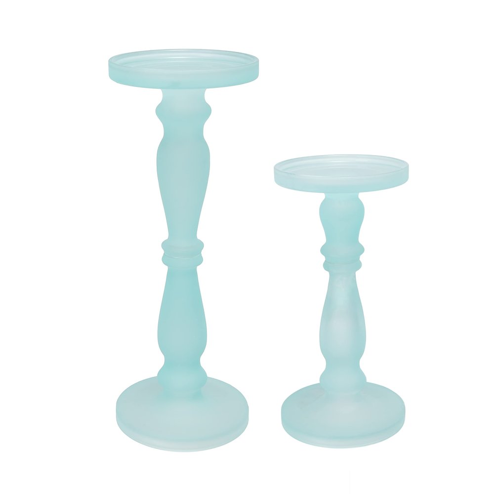 Benjara Qui 14, 11 Inch Candle Holders, Turned Pedestal, Blue Glass, Set of 2
