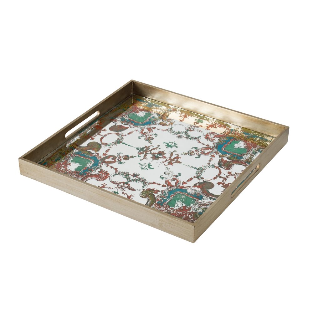 Benjara Miki 20 Inch Square Decorative Tray, Artisan Mirrored Damask Pattern, Gold