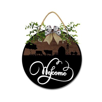 Welcome Sign for Front Door Wreath Rustic Round Wooden Door Hanger Door Decor Sign Farmhouse Front Door Decorations Porch for Home Restaurant Hanging Indoor Outdoor Housewarming Gifts 11-Inch