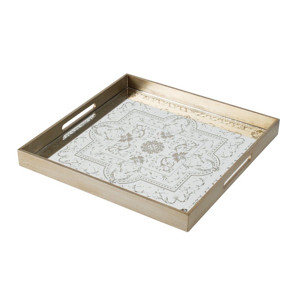 Benjara Miki 20 Inch Square Decorative Tray, Artisan Mirrored Floral Pattern, Gold