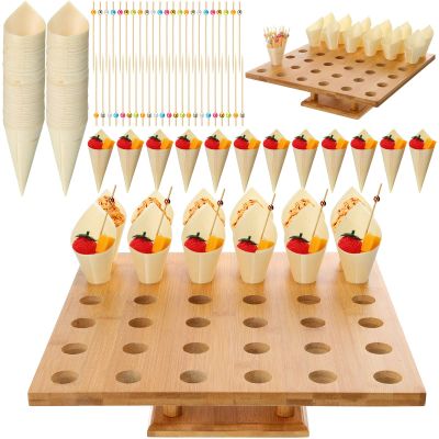 150pc Disposable Wooden Food Cones with 36 Holes Bamboo Ice Cream Cone Holder Display Stand and 150 Colorful Bamboo Stick for Restaurant Catered Events Party or Buffets Ice Cream Food Trucks