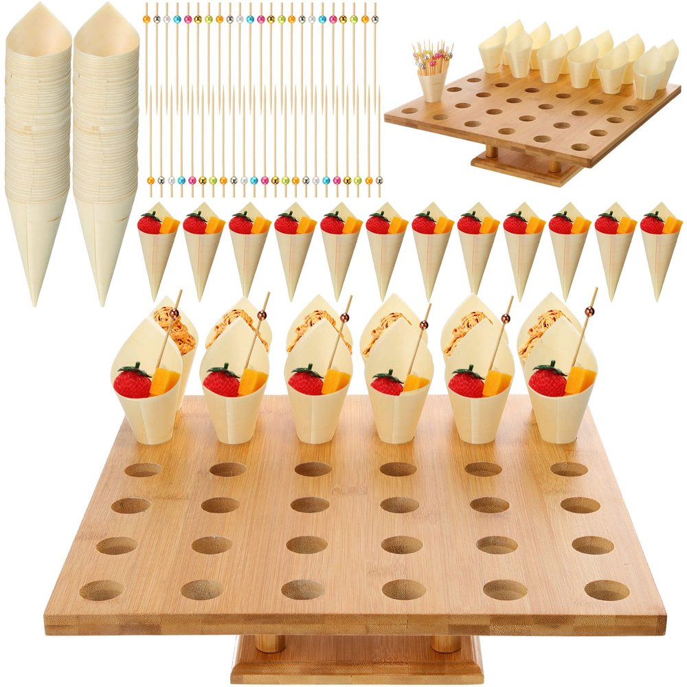 150pc Disposable Wooden Food Cones with 36 Holes Bamboo Ice Cream Cone Holder Display Stand and 150 Colorful Bamboo Stick for Restaurant Catered Events Party or Buffets Ice Cream Food Trucks