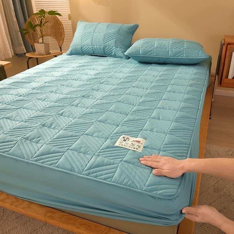 3pc Quilted Fitted Sheet with Pillowcase, Thick Mattress Protector Noiseless Mattress Cover Breathable Soft Mattress Pad Protector Deep Pocket Ultra Soft, Wrinkle and Fade Resistant, Fits up to 16" th